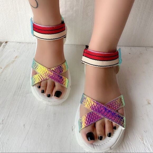 Hologram Rainbow White Velcro Platform Sandals - Picture 5 of 8